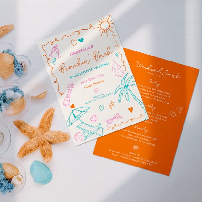 Beach Bachelorette | Itinerary, Fun, Orange Doodle Invitation (Hand drawn coastal theme bachelorette in fun orange, pink & teal, placed next to decorative shells. )