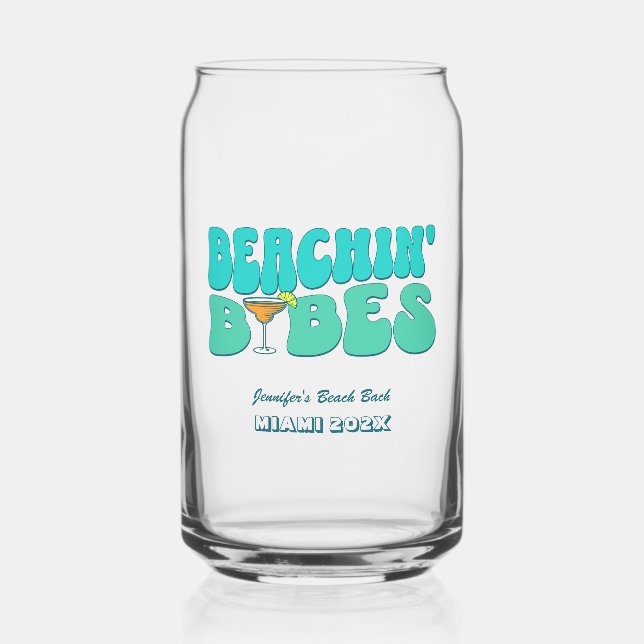 Beach Bachelorette Party Groovy Beachin Babes Can Glass (Front)