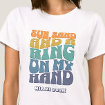 Beach Bachelorette Party Groovy Retro Beach Bride T-Shirt<br><div class="desc">Make a splash at your upcoming bachelorette party with this stunning beach bachelorette party personalised t-shirts. Whether you're celebrating a bach trip, a girls' vacation, or a best friends' holiday, this custom beach bachelorette party t-shirts are the perfect addition to your unforgettable getaway. Add a personal touch to your bachelorette...</div>