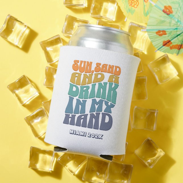 Beach Bachelorette Party Groovy Retro Bridesmaid Can Cooler (In Situ Summer)