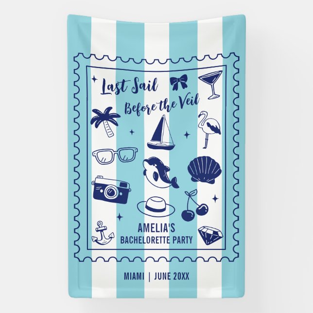 Beach Bachelorette Party Last Sail Doodle Stripes Banner (Vertical)