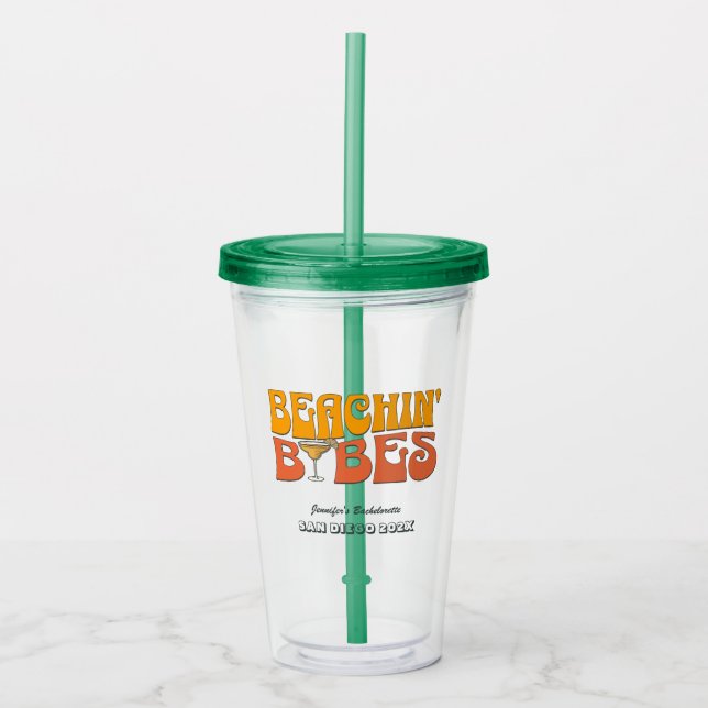 Beach Bachelorette Party Retro Beachin Babes Acrylic Tumbler (Front)