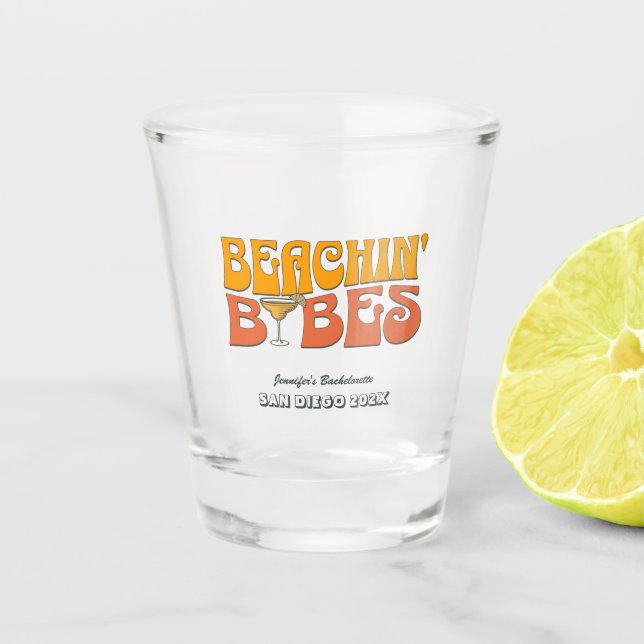 Beach Bachelorette Party Retro Beachin Babes Shot Glass (Front)
