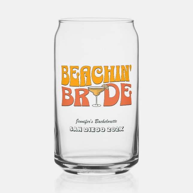 Beach Bachelorette Party Retro Beachin Bride Can Glass (Front)