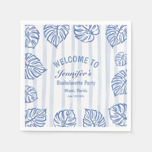 Beach BACHELORETTE Whimsical Blue palm leaves Napkin (Front)