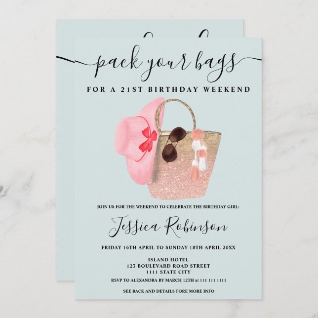Beach bag birthday glitter program weekend blue invitation (Front/Back)