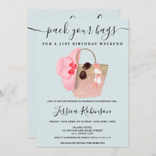 Beach bag birthday glitter program weekend blue invitation