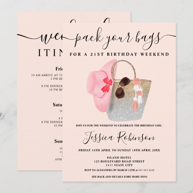 Beach bag birthday silver pink glitter weekend invitation (Front/Back)
