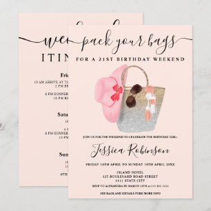Beach bag birthday silver pink glitter weekend invitation