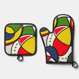 Beach Ball Vibes Circles Dots Red Yellow Blue Oven Mitt & Pot Holder Set