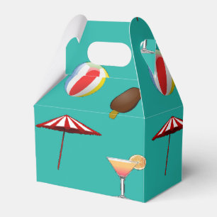 Beach balls, ice cream and cocktail on green favour box