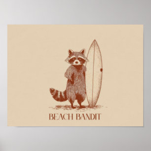 Beach Bandit Racoon Surfer – Funny Vintage Poster