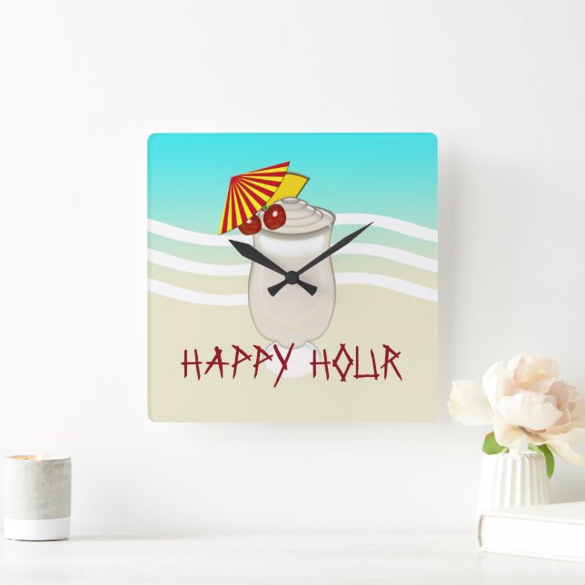 Beach Bar Happy Hour Piña Colada Square Wall Clock (Home)