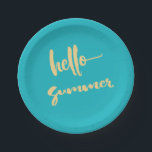Beach Barbecue Picnic Party Hello Summer Paper Plate<br><div class="desc">Hello Summer we just love you! - Summer vacation trips to the beach,  backyard barbecues,  splashing in the pool are all part of the summer time fun. Enjoy your summer party celebration with these yellow typography style plates. Blue background colour.</div>