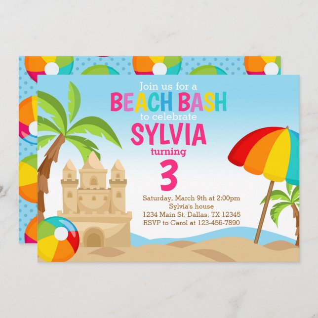 Beach Bash Birthday Party Invitation Invite (Front/Back)