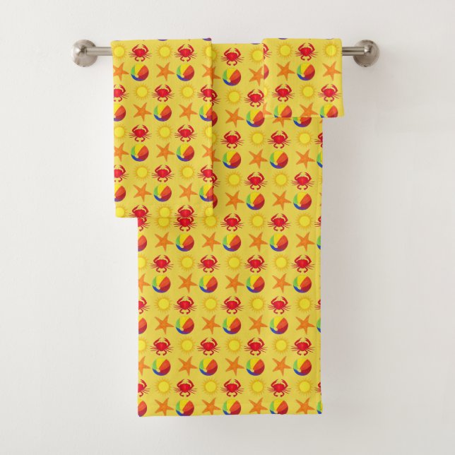 Beach Beachball Crab Sun Starfish Summer Yellow Bath Towel Set (Insitu)
