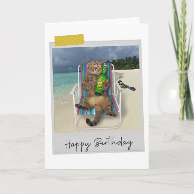 Beach Beer Cat Funny Birthday Card (Front)