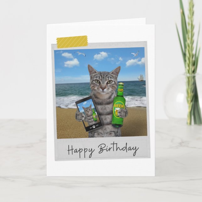 Beach Beer Tabby Cat Funny Birthday Card (Front)