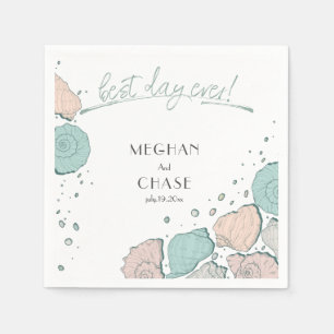 Beach Best Day Ever Seashells Coral and Teal Napkin