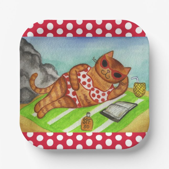 Beach Bikini Cat Paper Plates  (Front)