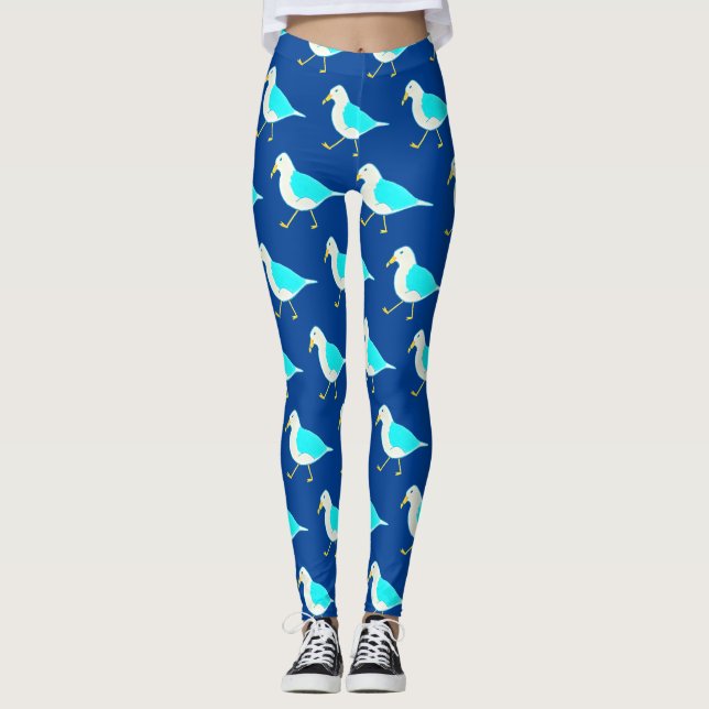 Beach Bird Art Blue Seagulls Leggings (Front)