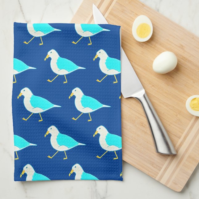 Beach Bird Art Blue Seagulls Tea Towel (Quarter Fold)
