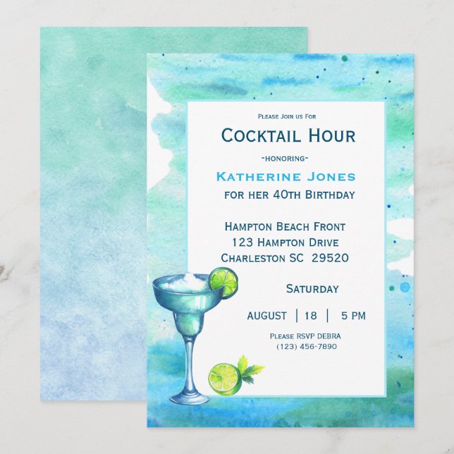 Beach Birthday Cocktail Party Margarita   Invitation (Front/Back)