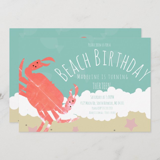 Beach Birthday Crab Sand Ocean Waves Invitation (Front/Back)