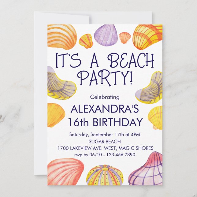 Beach Birthday Invitation with Watercolor Shells (Front)
