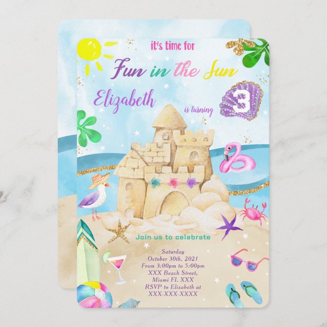Beach Birthday Invitations (Front/Back)