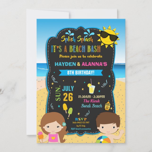 Beach Birthday Party Bash Twins Siblings Boy Girl Invitation (Front)