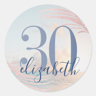 Beach Birthday Party Custom Age Name Favour Classic Round Sticker