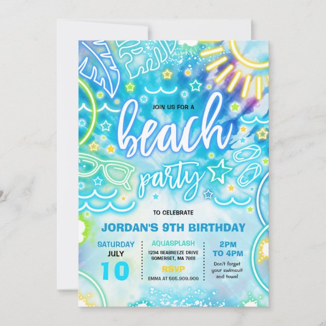 Beach Birthday Party Summer Beach Tie Dye Glow  Invitation (Front)