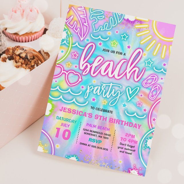 Beach Birthday Party Summer Beach Tie Dye Glow  Invitation (Creator Uploaded)