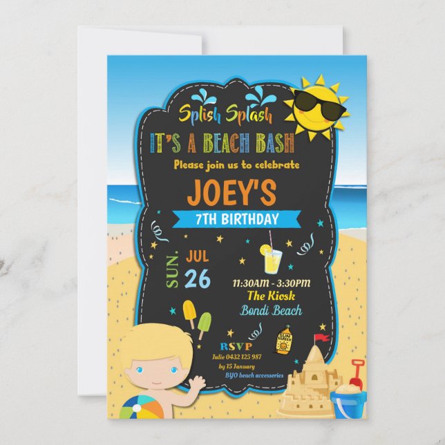 Beach Birthday Party Summer Blonde Boy  Invitation (Front)