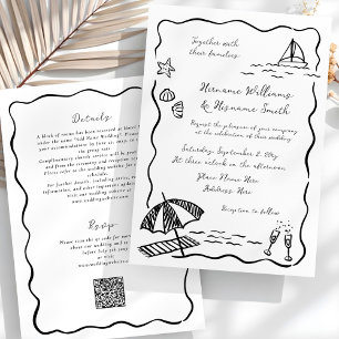Beach Black Hand Drawn QR RSVP All-In-One Wedding Invitation
