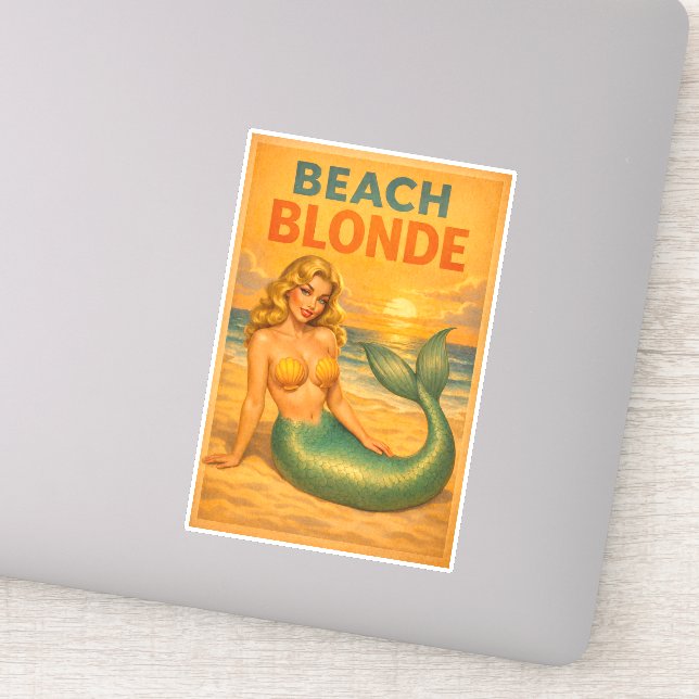 Beach Blonde Pin-Up Mermaid Retro Coastal Life Art (Detail)