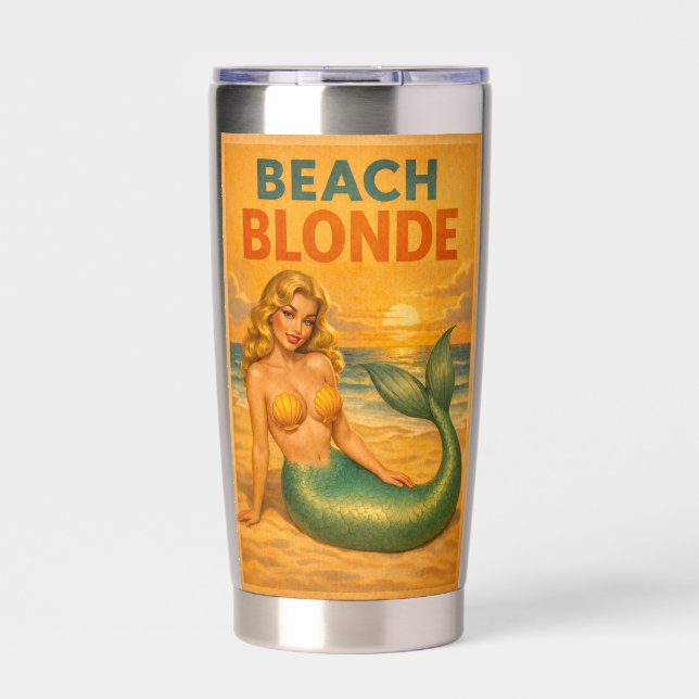 Beach Blonde Pin-Up Mermaid Retro Coastal Life Art Insulated Tumbler (Front)