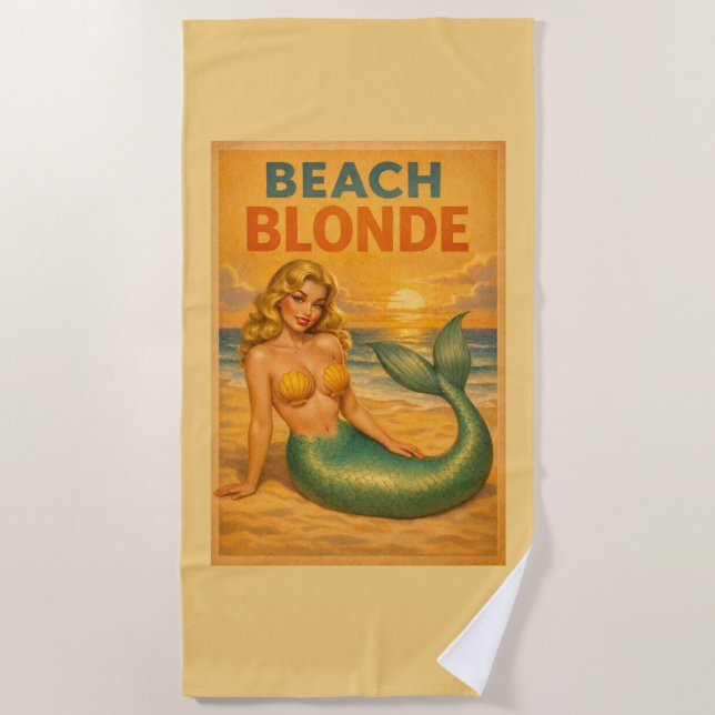 Beach Blonde Pin-Up Mermaid - Yellow Retro Coastal Beach Towel (Front)