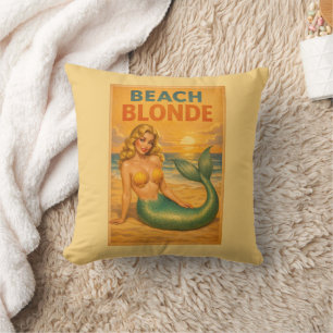 Beach Blonde Pin-Up Mermaid - Yellow Retro Coastal Cushion