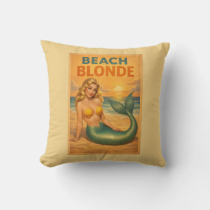 Beach Blonde Pin-Up Mermaid - Yellow Retro Coastal Cushion