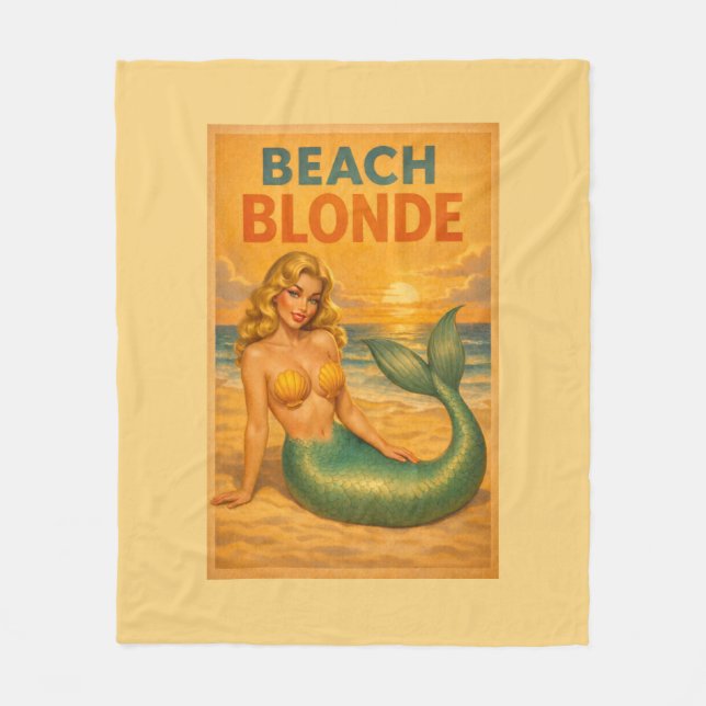 Beach Blonde Pin-Up Mermaid - Yellow Retro Coastal Fleece Blanket (Front)