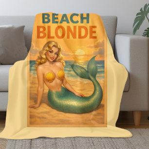 Beach Blonde Pin-Up Mermaid   Yellow Retro Coastal Fleece Blanket