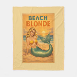 Beach Blonde Pin-Up Mermaid - Yellow Retro Coastal Fleece Blanket