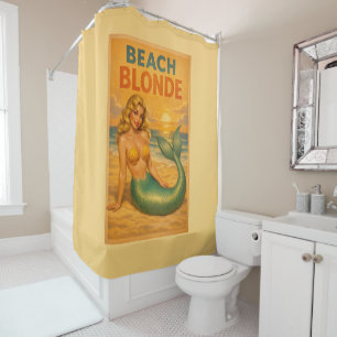 Beach Blonde Pin-Up Mermaid - Yellow Retro Coastal Shower Curtain