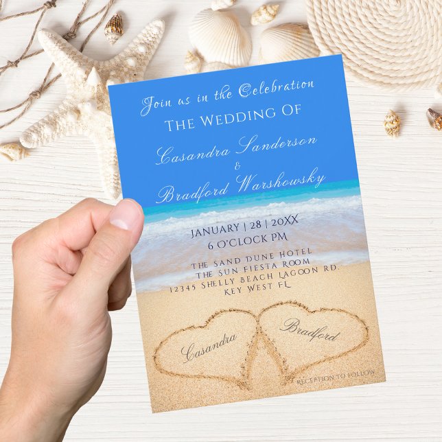 Beach Blue 2 Hearts in the Sand Wedding  Invitatio Invitation (Creator Uploaded)