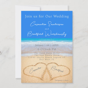 Beach Blue 2 Hearts in the Sand Wedding  Invitation