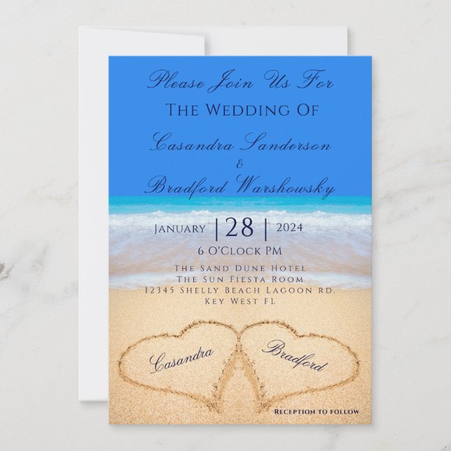 Beach Blue 2 Hearts in the Sand Wedding Invitation (Front)