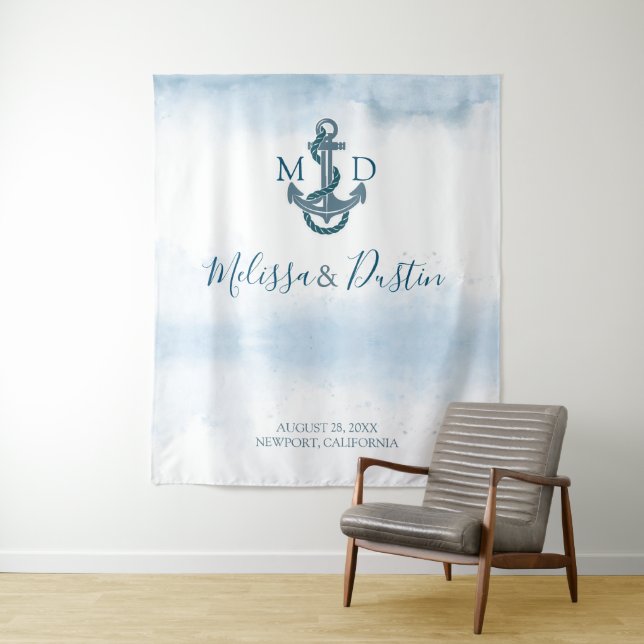 Beach Blue Anchor Nautical Wedding Backdrop Tapestry (In Situ)