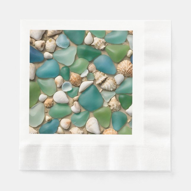 Beach Blue and Green Sea Glass and Seashells Napkin (Front)